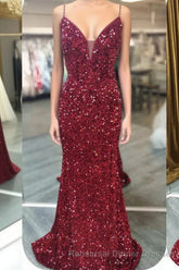 Glittery Mermaid Red Sequin V-Neck Lace-Up Back Semi Formal Prom Dress Gala Gown